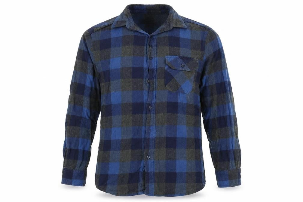 Front view of Cedarwood State men’s blue check button-up, size S