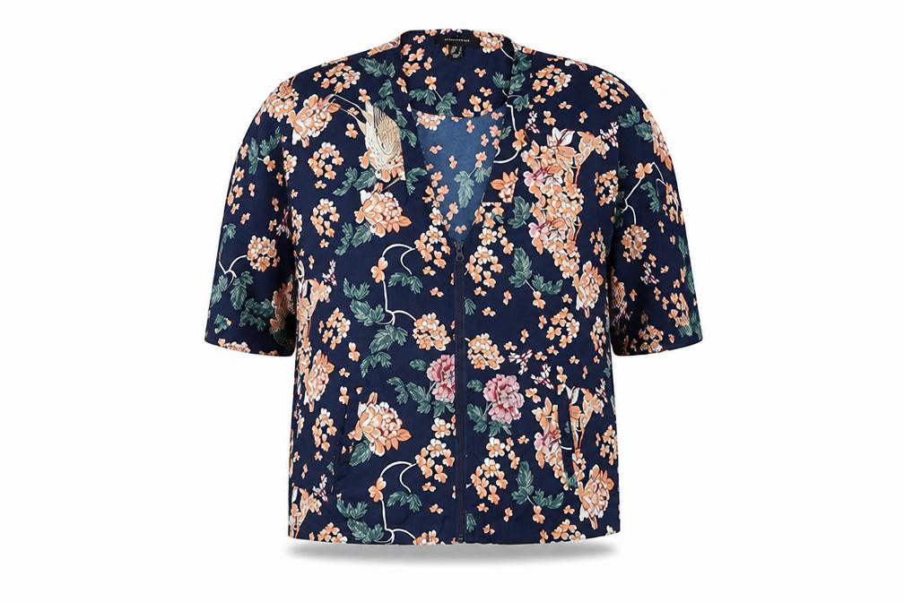 Front view of Atmosphere women’s blue floral jacket coat, size UK 8