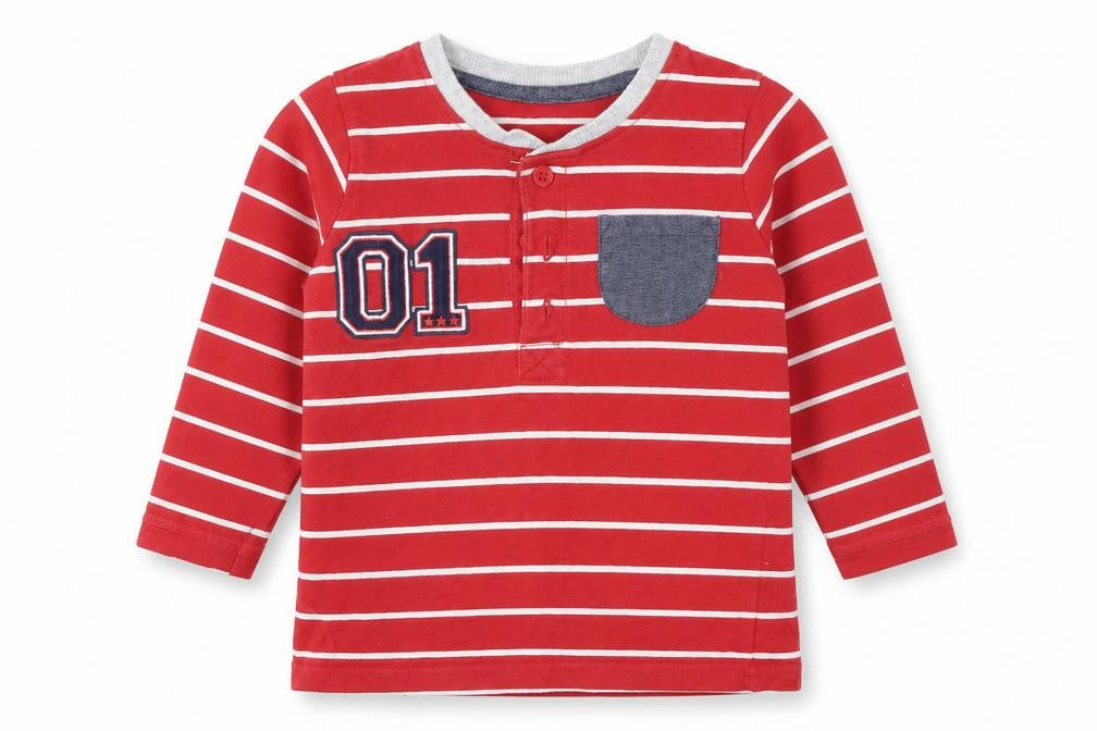 Front view of George boys’ red striped basic t-shirt, size 6-9, months