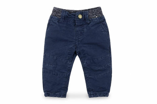 Front view of denim co boys’ blue cargo trousers, size 6-9, months