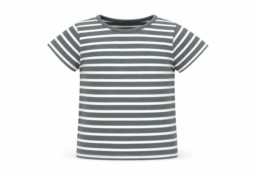 Front view of Tu boys’ grey striped basic t-shirt, size 9-12, months