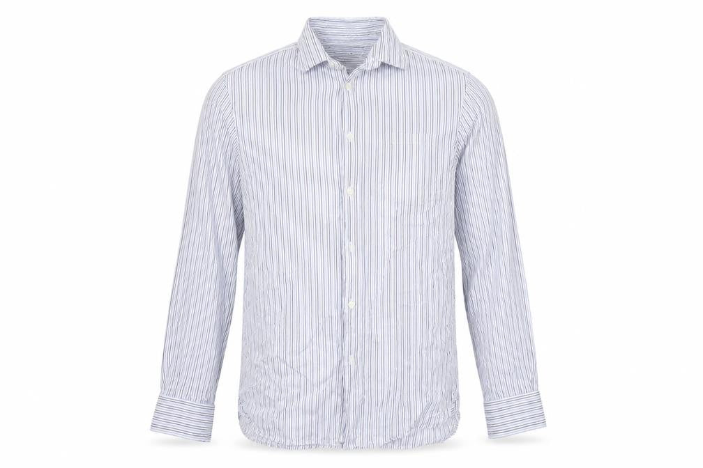 Front view of Howick Tailored men’s blue striped button-up, size 15.5