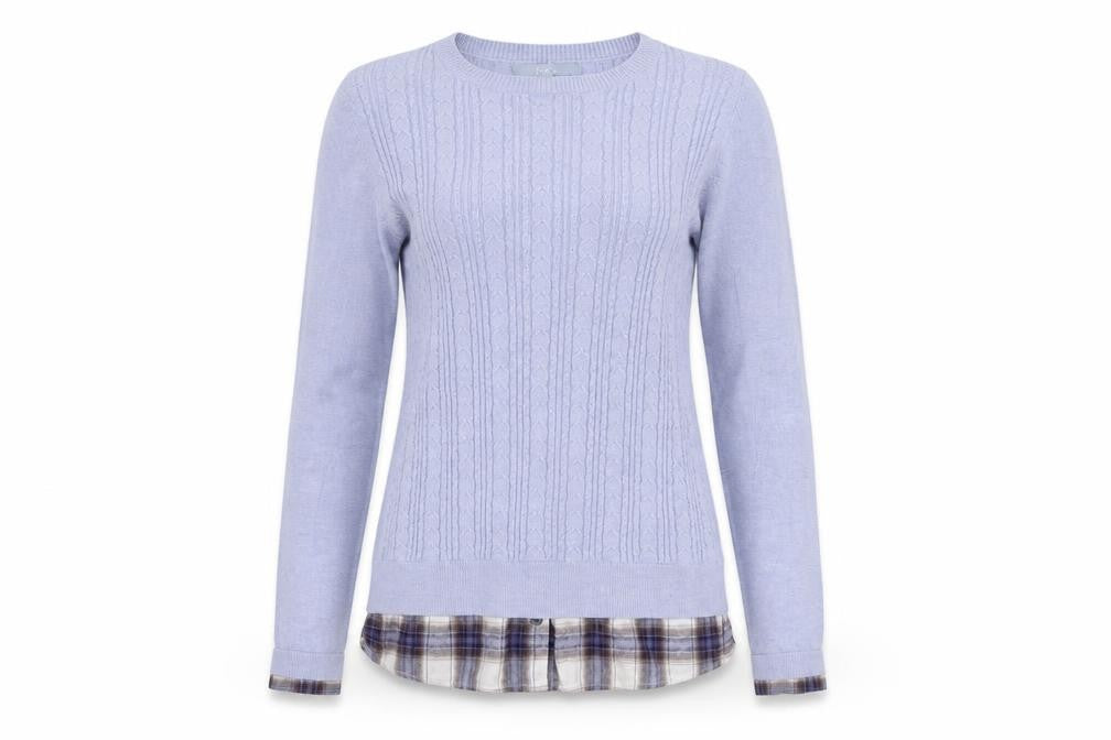 Front view of Next women’s blue houndstooth jumper dress, size UK 8