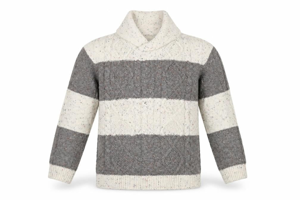 Front view of Nutmeg girls’ beige striped jumper, size 4-5, years