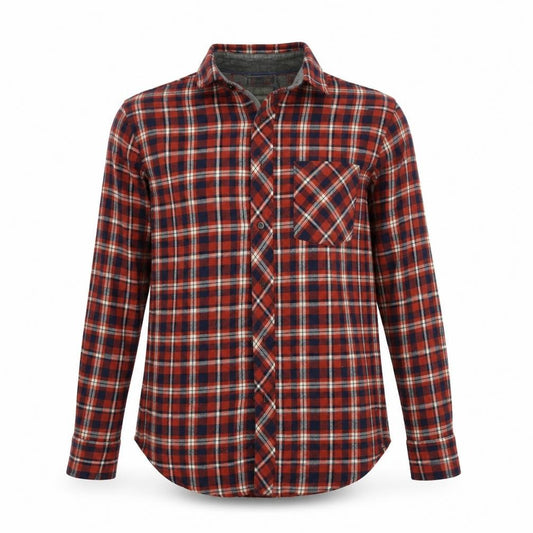 Front view of Avenue men’s red check button-up, size M
