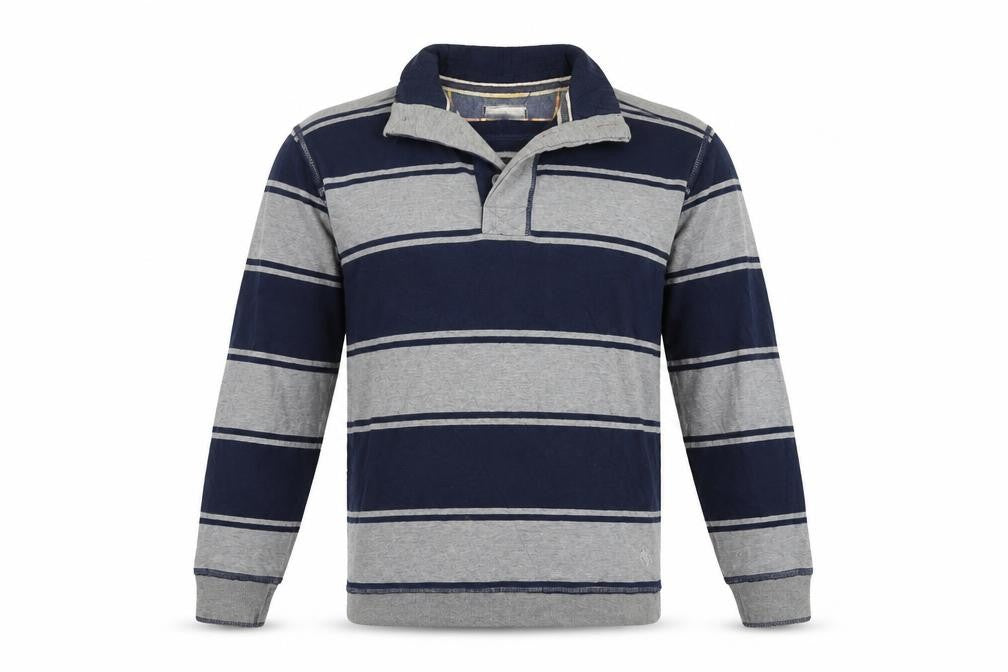 Front view of St George men’s grey striped jumper, size M