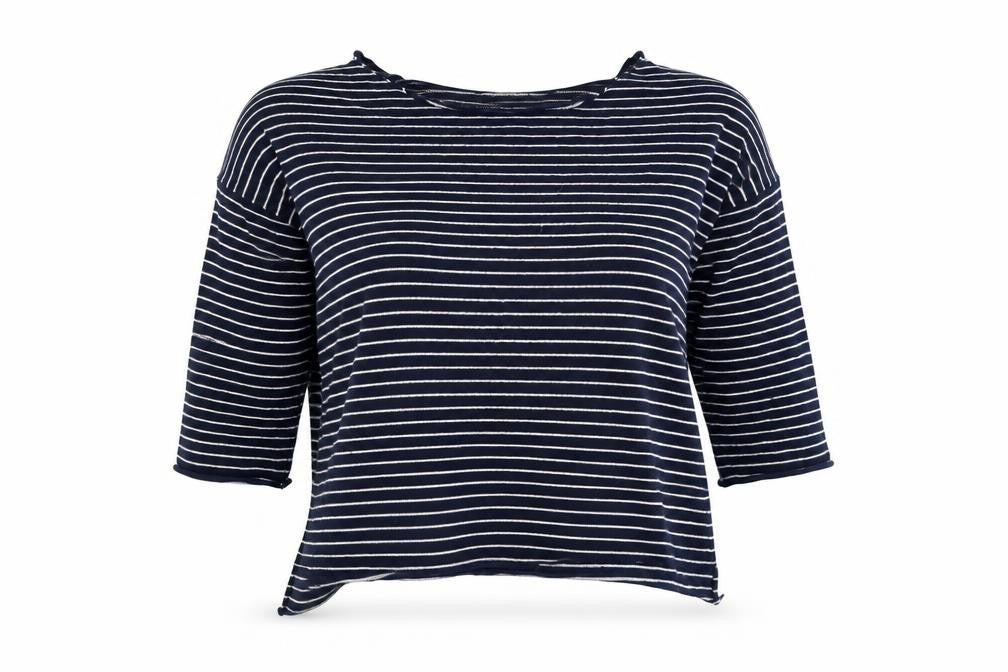 Front view of Zara Knit women’s blue striped basic t-shirt, size M