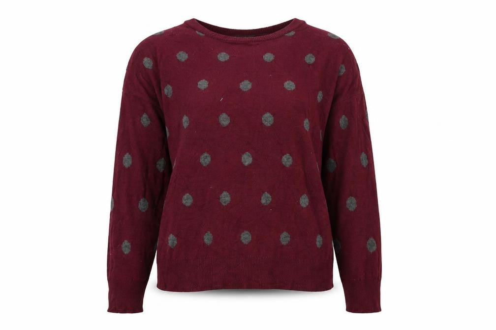 Front view of Atmosphere women’s purple polka dot jumper, size UK 14