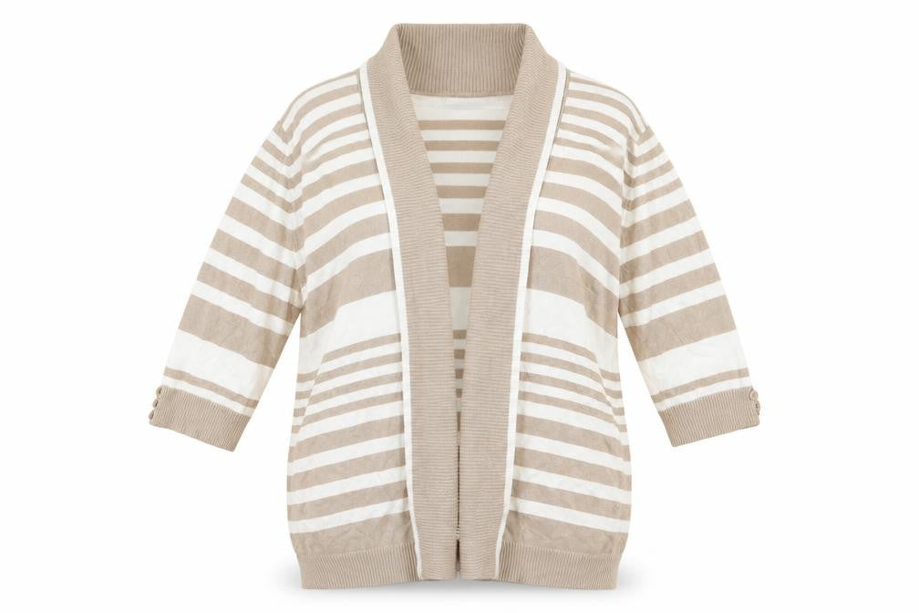 Front view of Isle women’s beige striped cardigan jumper, size XL