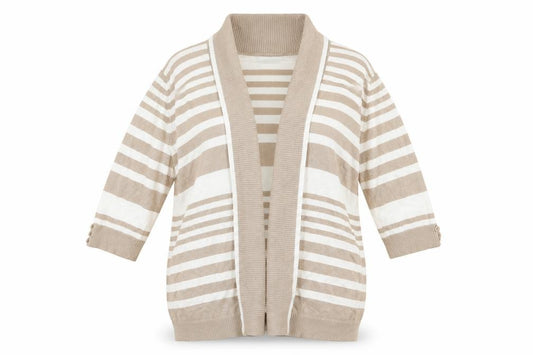 Front view of Isle women’s beige striped cardigan jumper, size XL