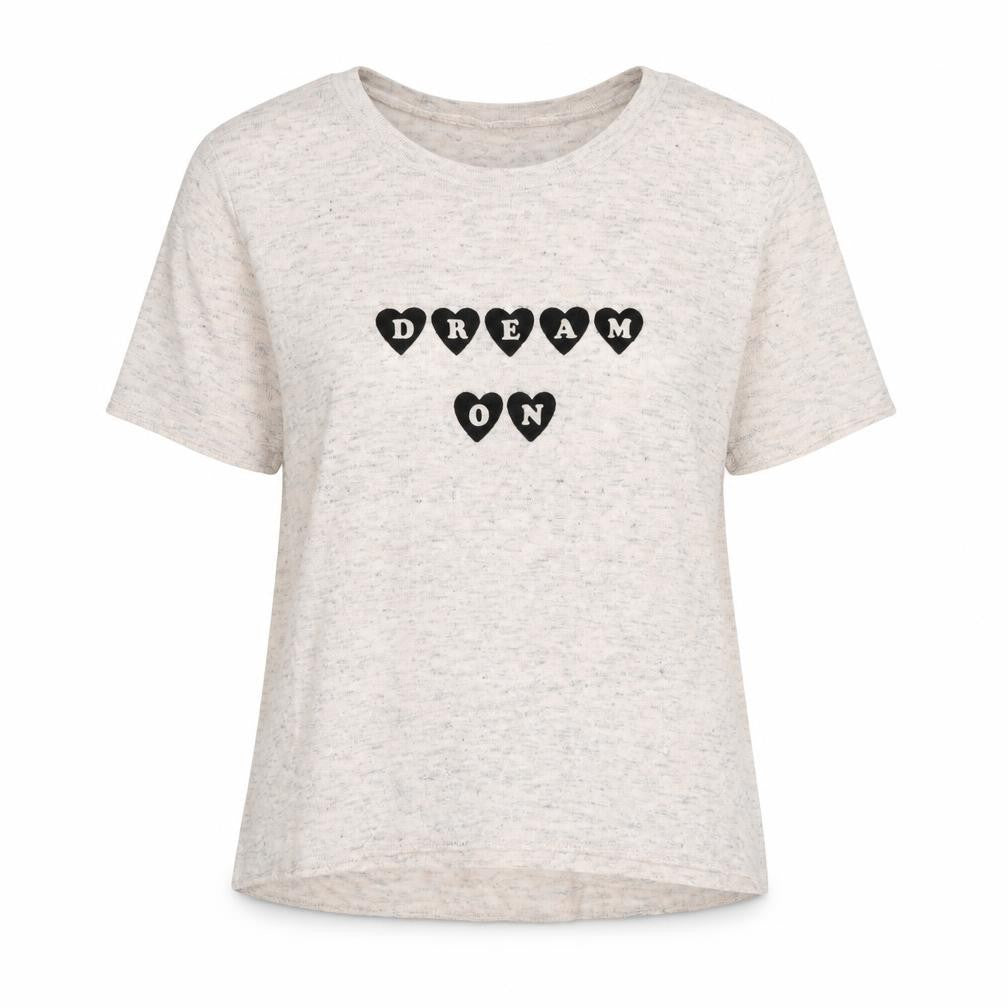 Front view of Atmosphere women’s pink basic t-shirt, size UK 10, - dream on