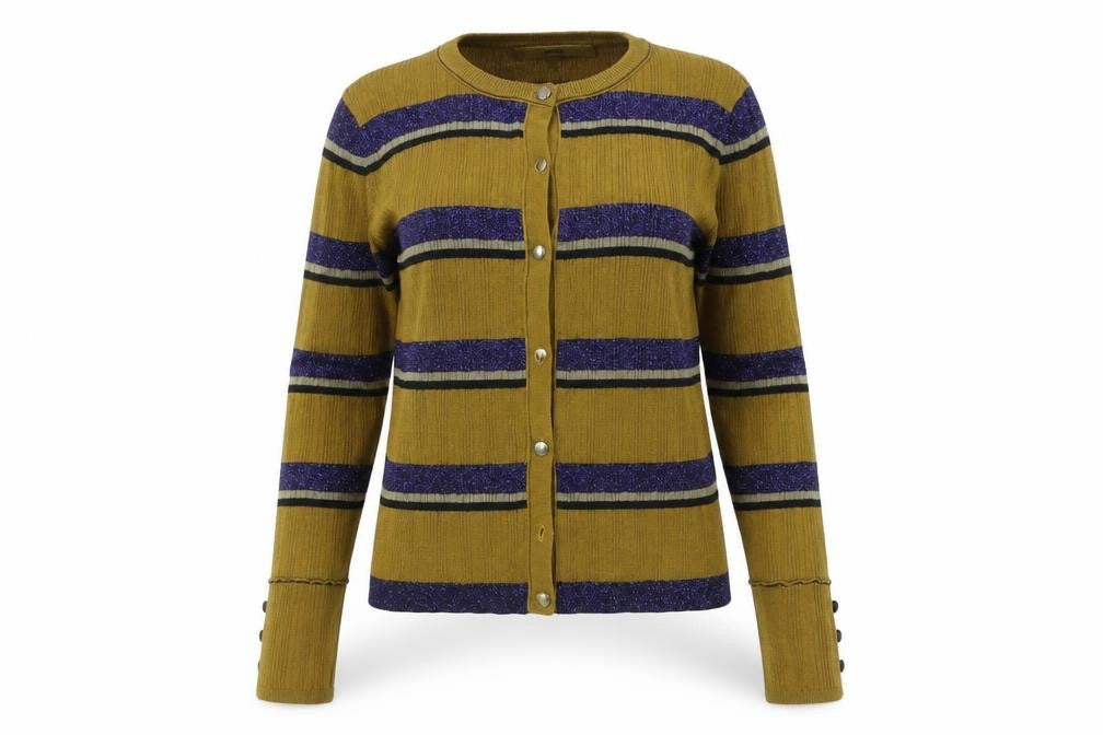 Front view of Next women’s brown striped cardigan jumper, size UK 6