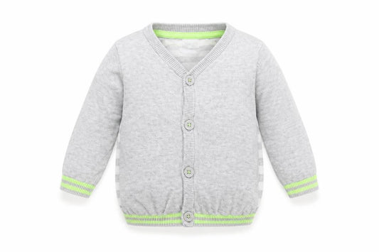 Front view of Blue Zoo Baby Grey Striped Cardigan Jumper, size 3-6, Months