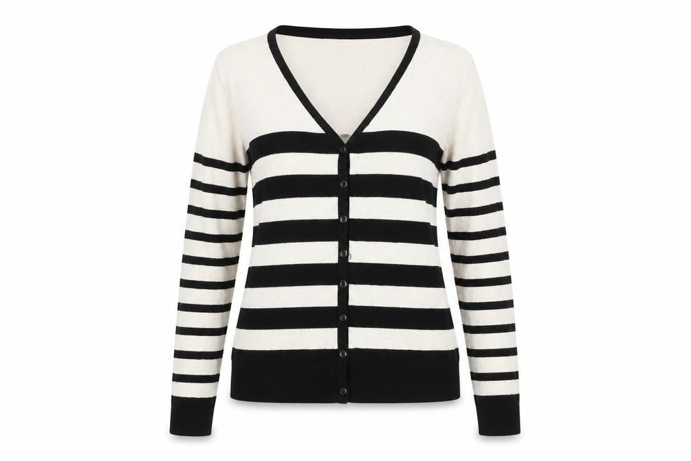 Front view of Divided women’s black striped cardigan jumper, size UK 38