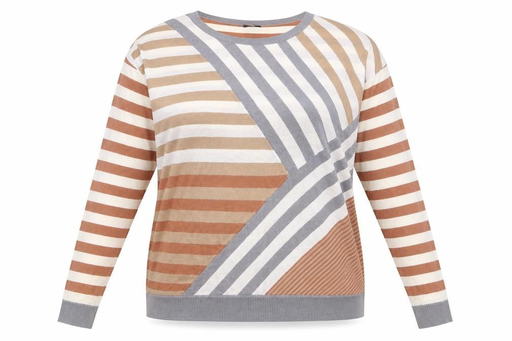 Front view of H&M women’s beige striped jumper, size L