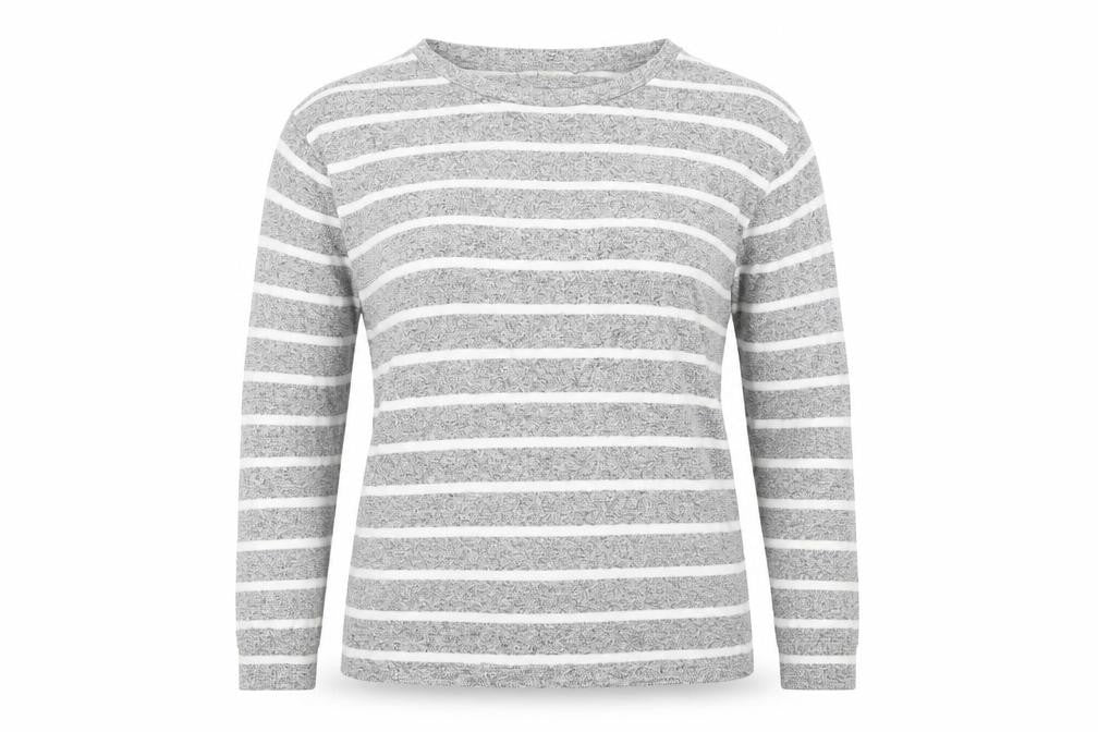 Front view of The lounge edit women’s grey striped jumper, size UK 12