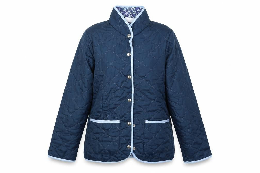 Front view of Nathalie Andersen women’s blue cardigan jumper, size UK 10