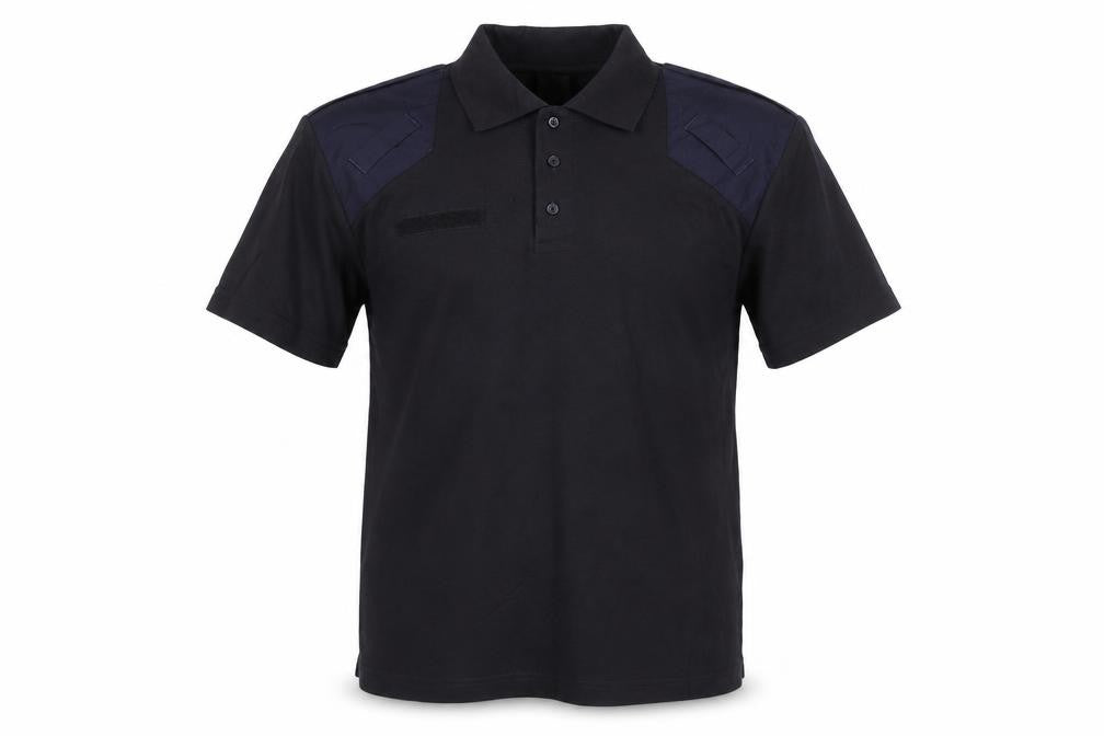 Front view of Alexandra men’s black polo, size M