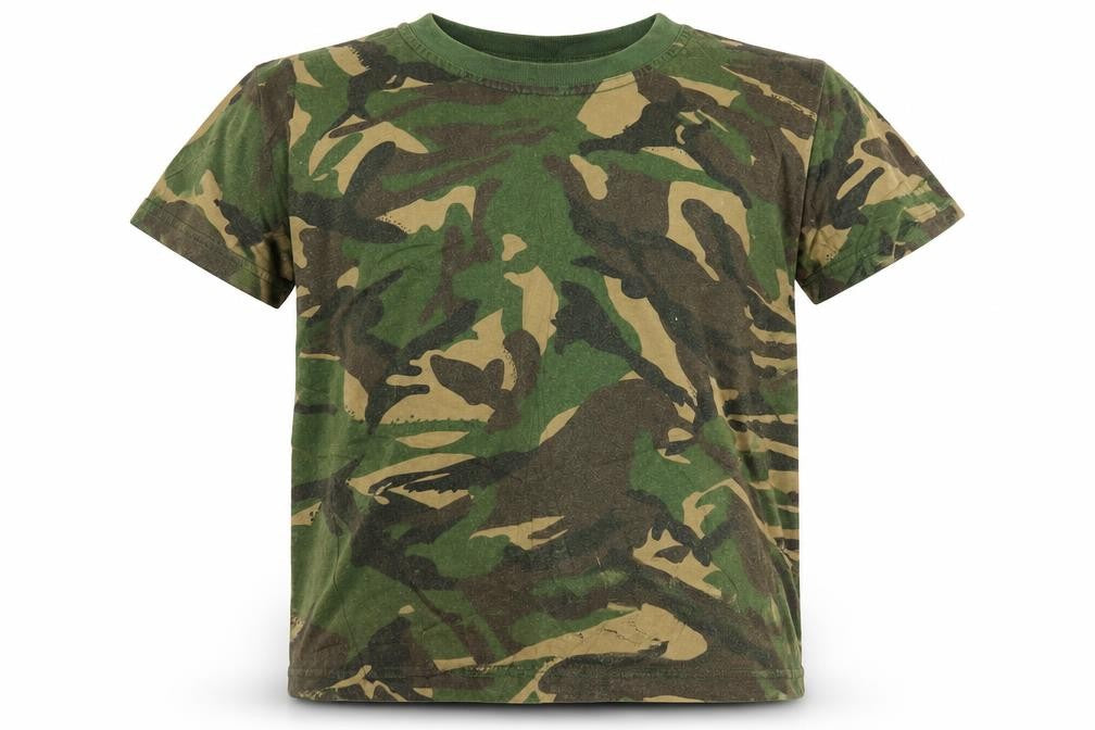 Front view of Kombat boys’ green camouflage basic t-shirt, size 3-4, years