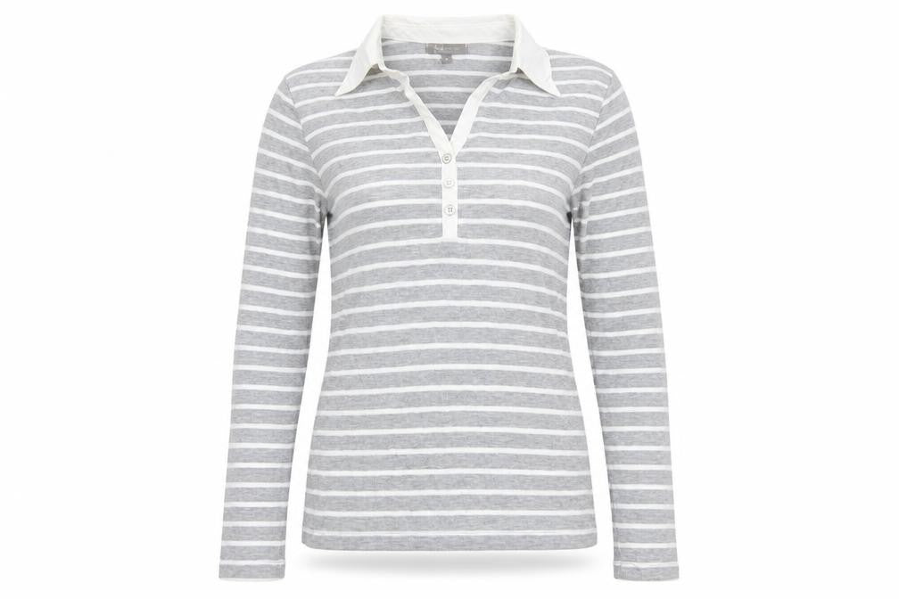 Front view of First Avenue women’s grey striped jumper, size S