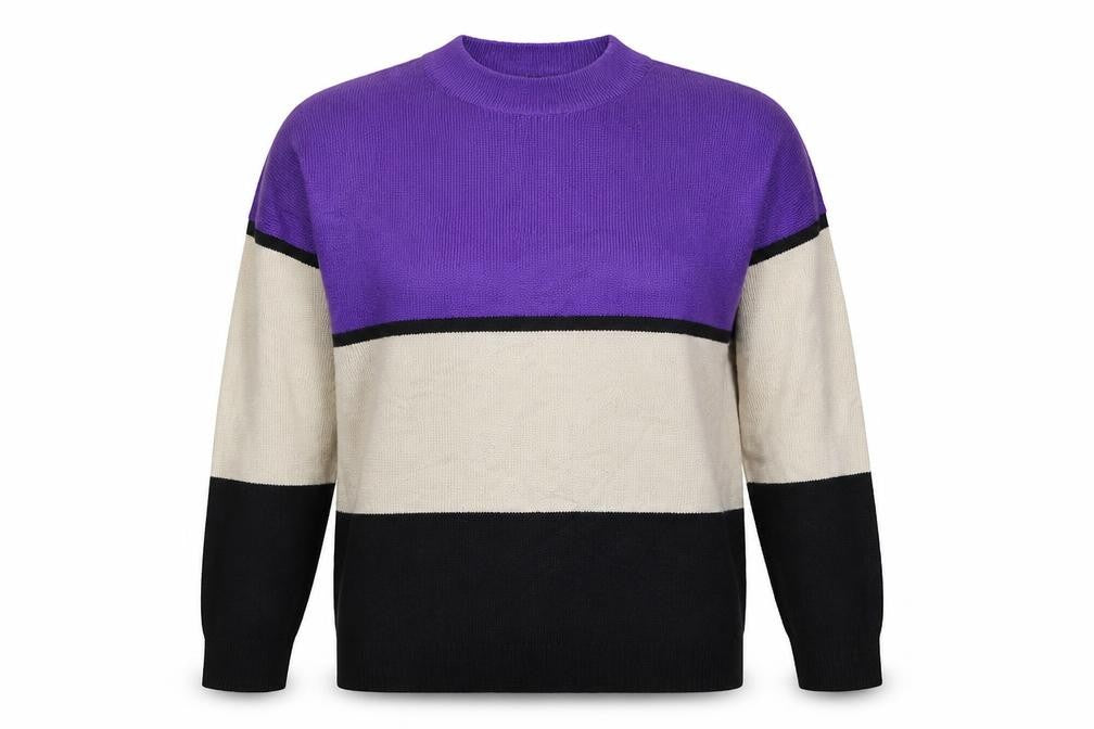 Front view of New Look women’s purple striped jumper, size M