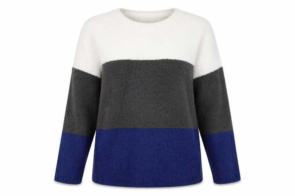 Front view of Arista women’s grey striped jumper, size UK 18