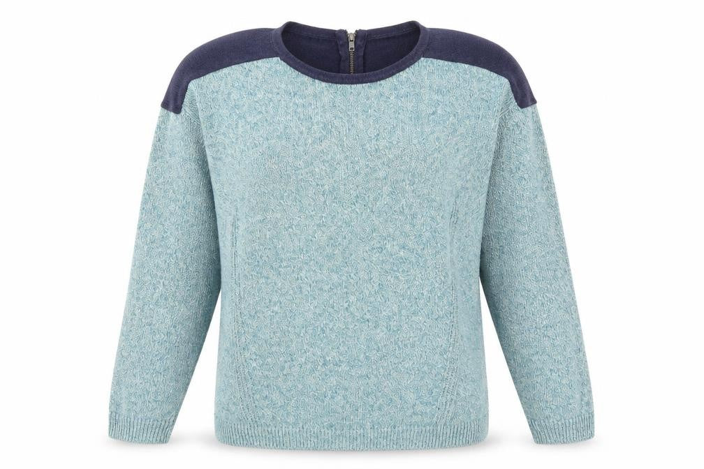 Front view of Marks & Spencer women’s blue knit jumper, size UK 14