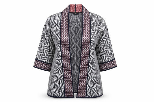 Front view of F&F women’s blue geometric cardigan jumper, size UK 6