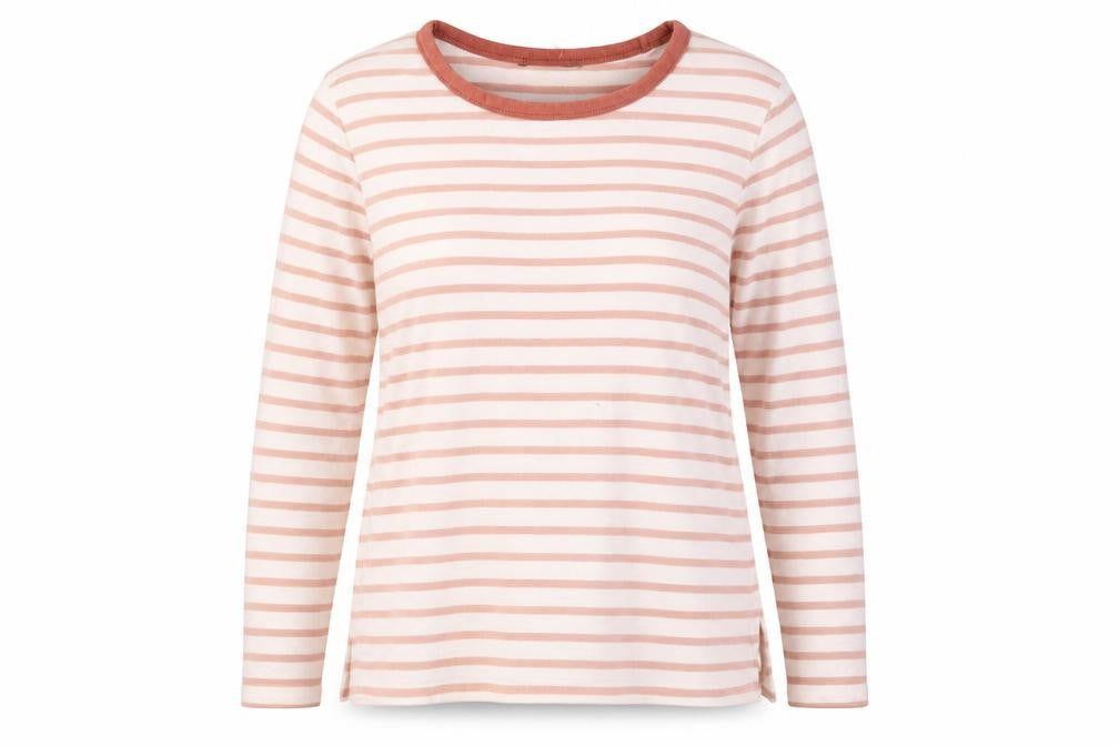 Front view of Marks & Spencer women’s pink striped jumper, size UK 12
