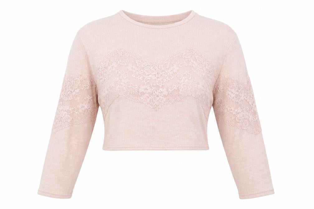Front view of H&M women’s pink lace basic t-shirt, size XS
