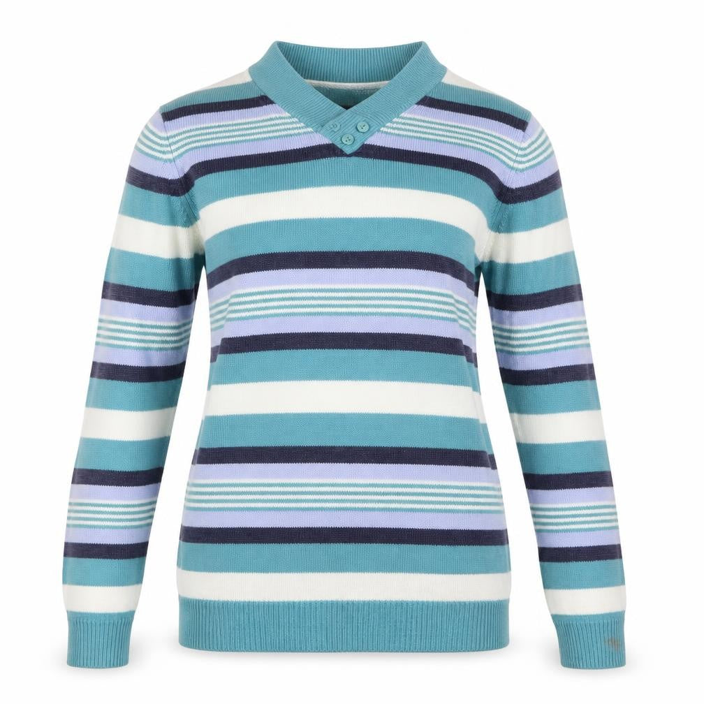 Front view of EWM women’s blue striped knit jumper, size UK 10