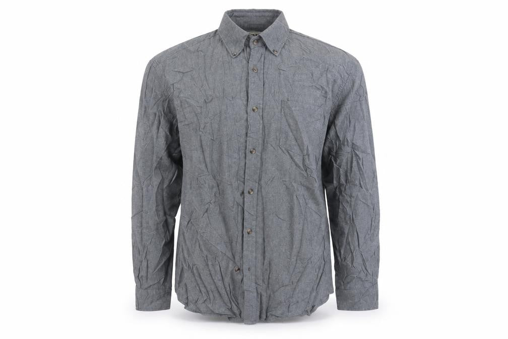 Front view of Easy men’s grey button-up, size L