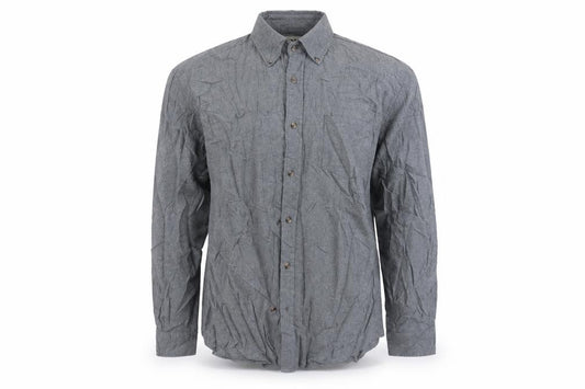 Front view of Easy men’s grey button-up, size L