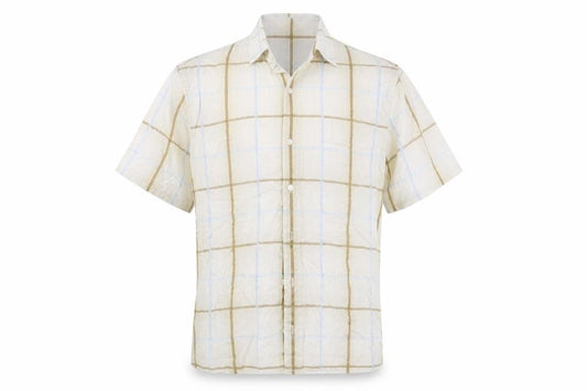 Front view of Linea men’s blue check button-up, size S