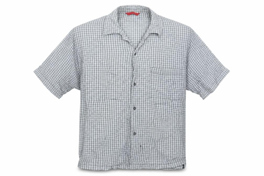 Front view of Preworn men’s grey camouflage button-up, size M