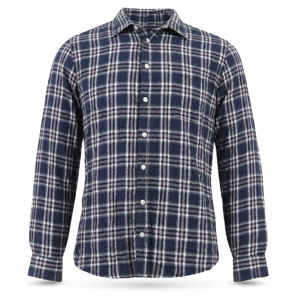 Front view of EWM men’s blue check button-up, size XL