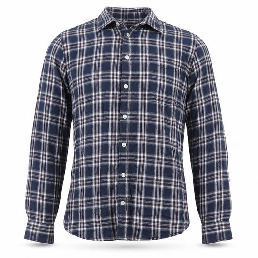 Front view of EWM men’s blue check button-up, size XL