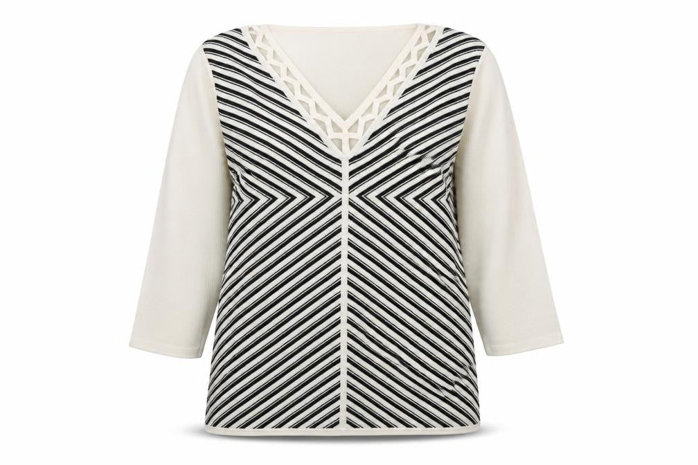 Front view of Casamia women’s white striped knit jumper, size S