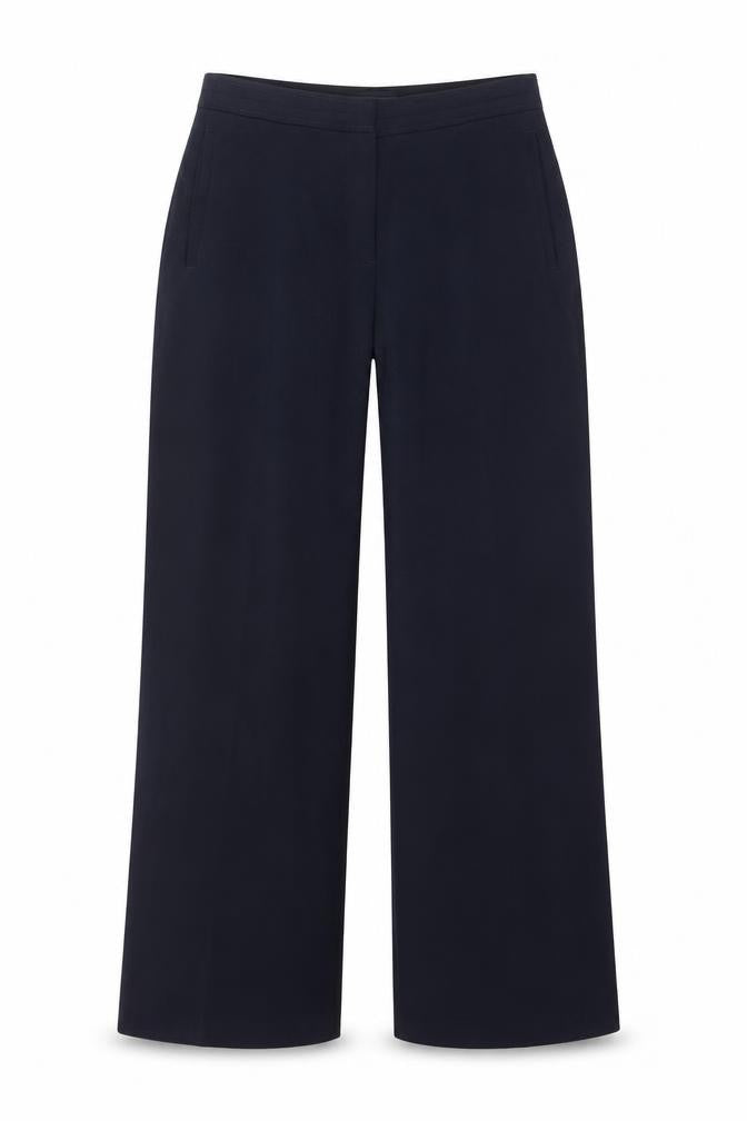 Front view of Marks & Spencer women’s blue trousers, size UK 14, 28-inch leg