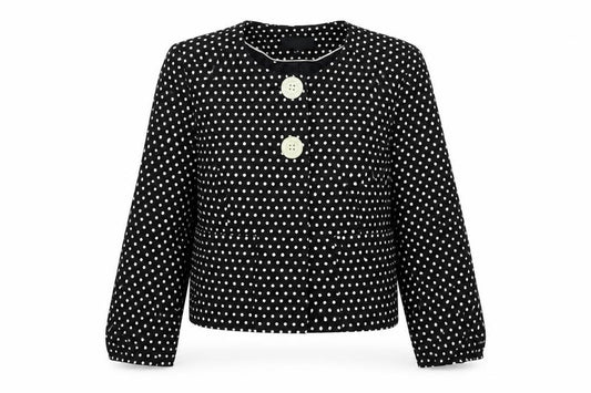 Front view of Marks & Spencer women’s black polka dot jacket, size UK 12