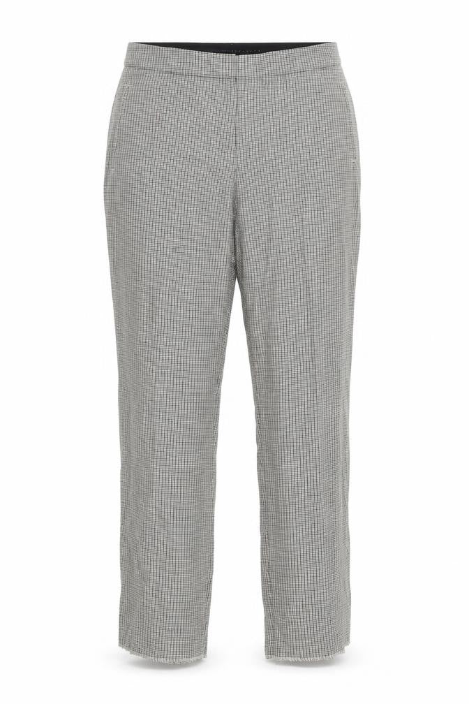 Front view of Marks & Spencer women’s beige check trousers, size UK 14, 30-inch leg
