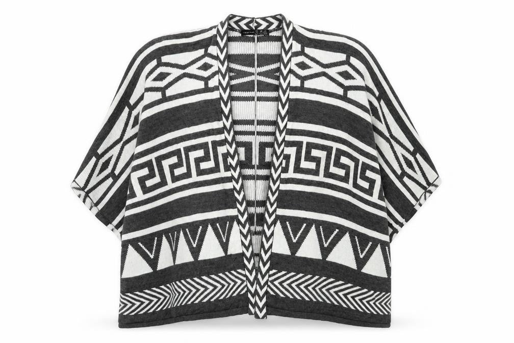 Front view of Atmosphere women’s grey geometric knit cardigan jumper, size UK 12