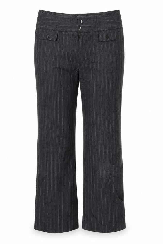 Front view of Preworn women’s grey striped trousers one, size UK, 29-inch leg