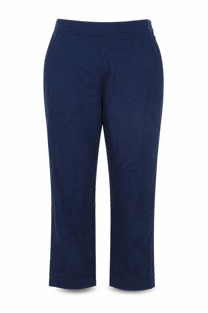 Front view of Marks & Spencer women’s blue trousers, size UK 14, 22-inch leg