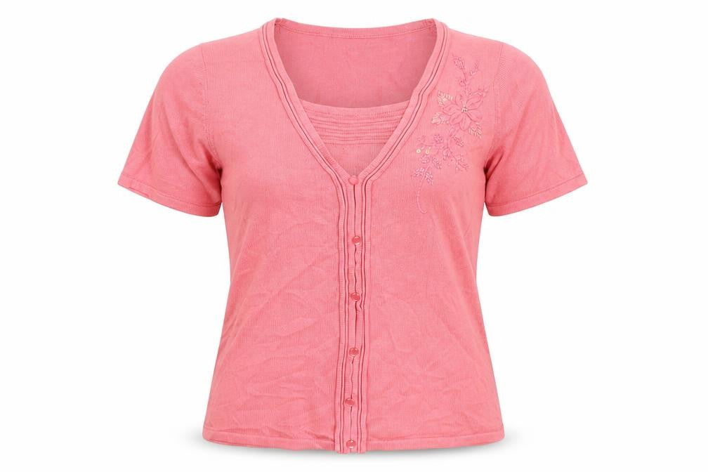 Front view of Bonmarché women’s pink floral jumper, size S