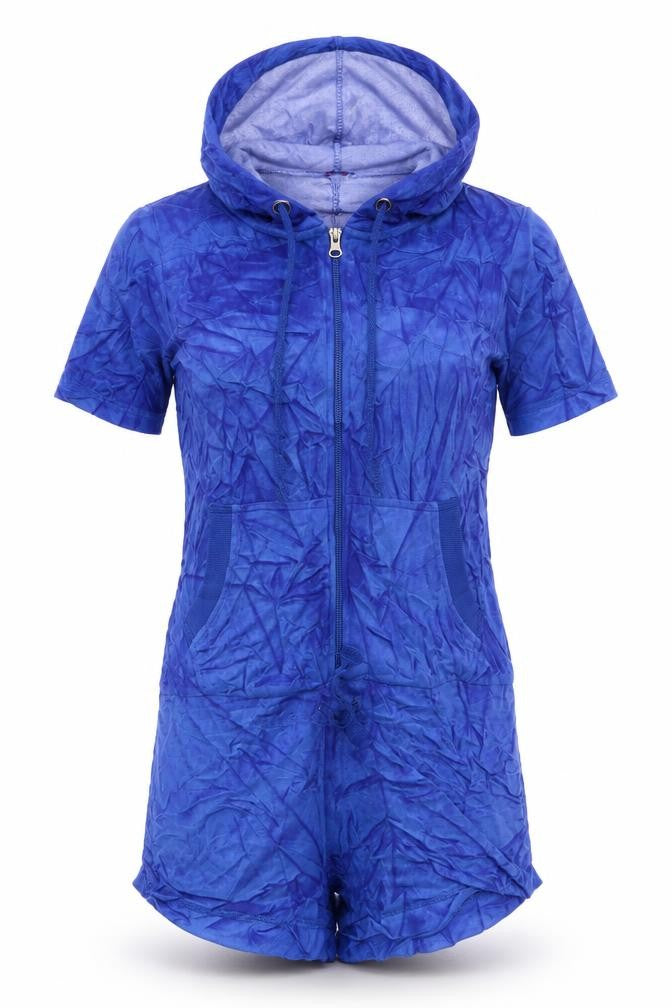 Front view of Boohoo women’s blue coverall one-piece, size UK 8