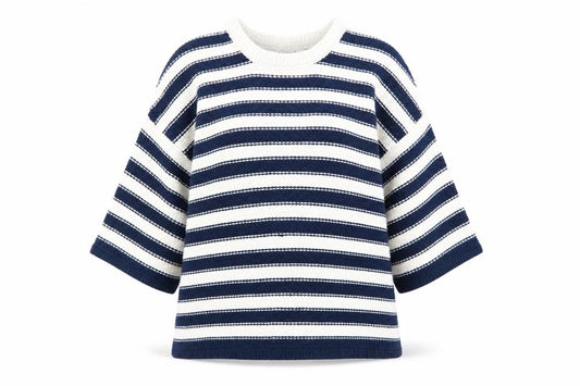 Front view of Bellfield women’s multicoloured striped jumper, size UK 10