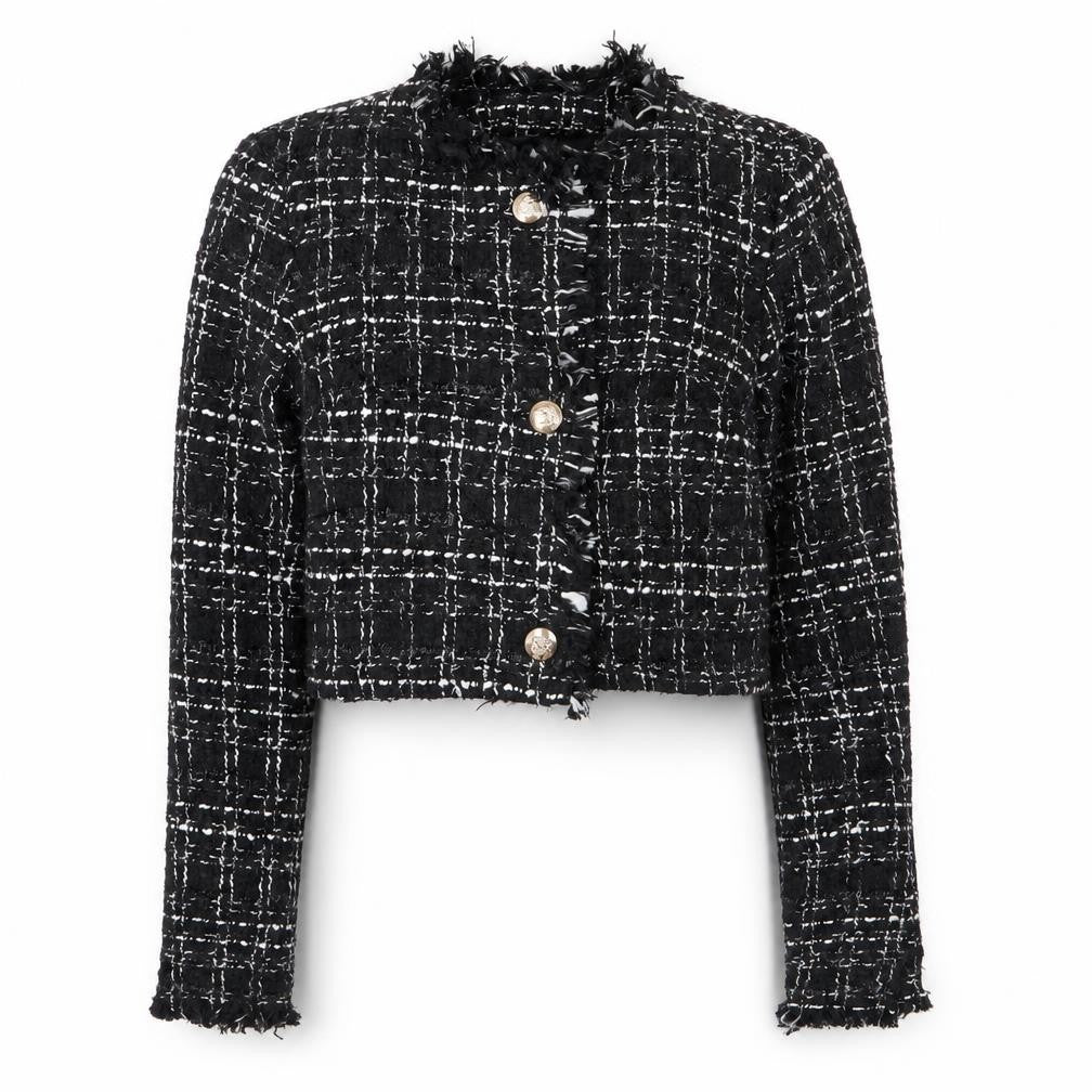 Front view of SHEIN women’s black geometric jacket blazer, size UK 6