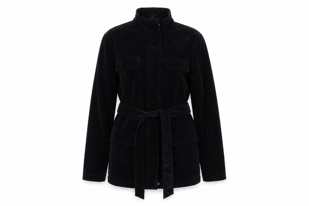 Front view of Dash women’s black overcoat coat, size UK 10