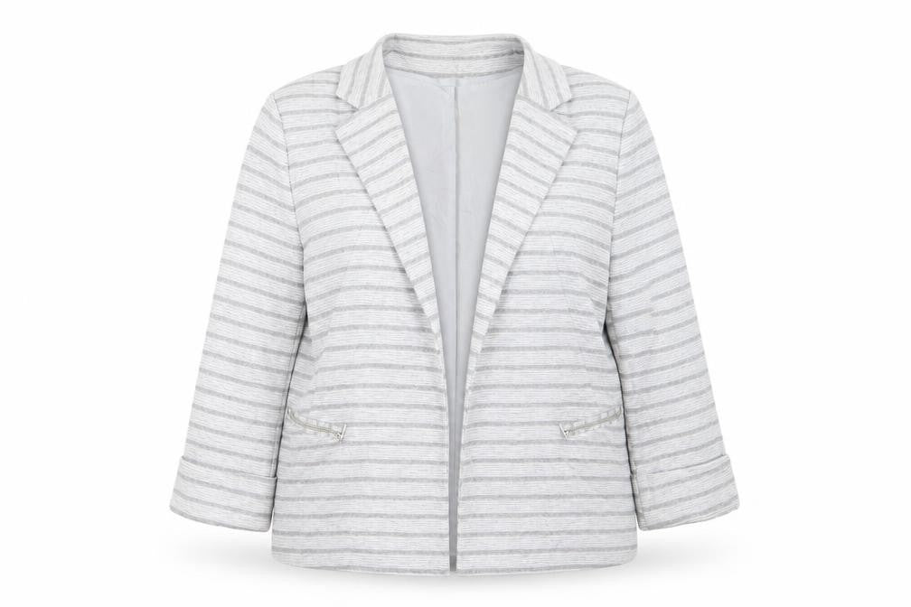 Front view of Principles women’s grey striped jacket blazer, size UK 16